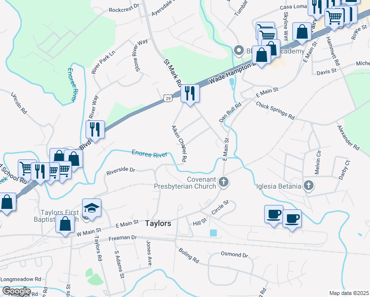 map of restaurants, bars, coffee shops, grocery stores, and more near 455 Aiken Chapel Road in Taylors