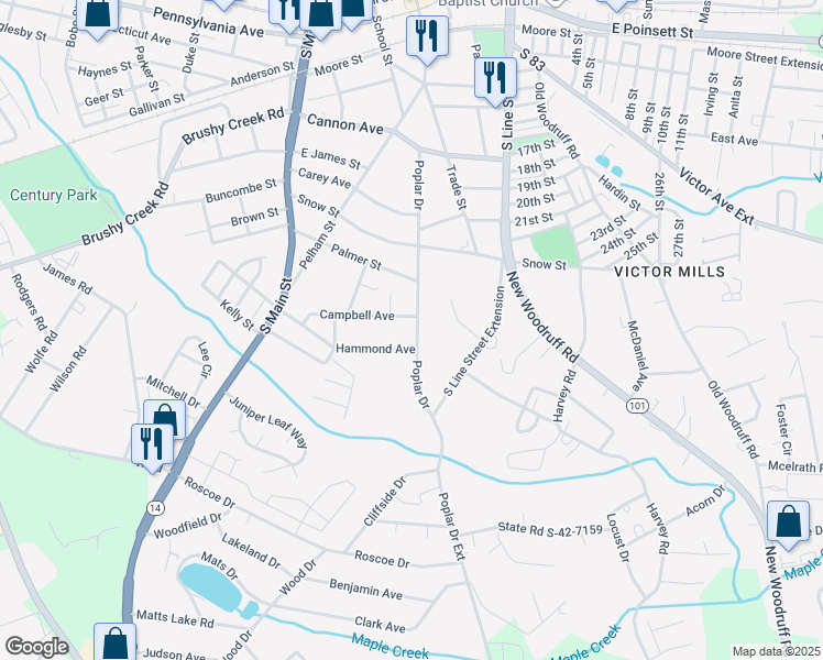map of restaurants, bars, coffee shops, grocery stores, and more near 504 Poplar Drive in Greer
