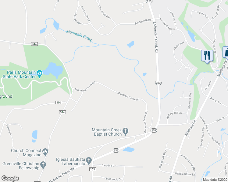 map of restaurants, bars, coffee shops, grocery stores, and more near 608 Mountain Creek Road in Greenville