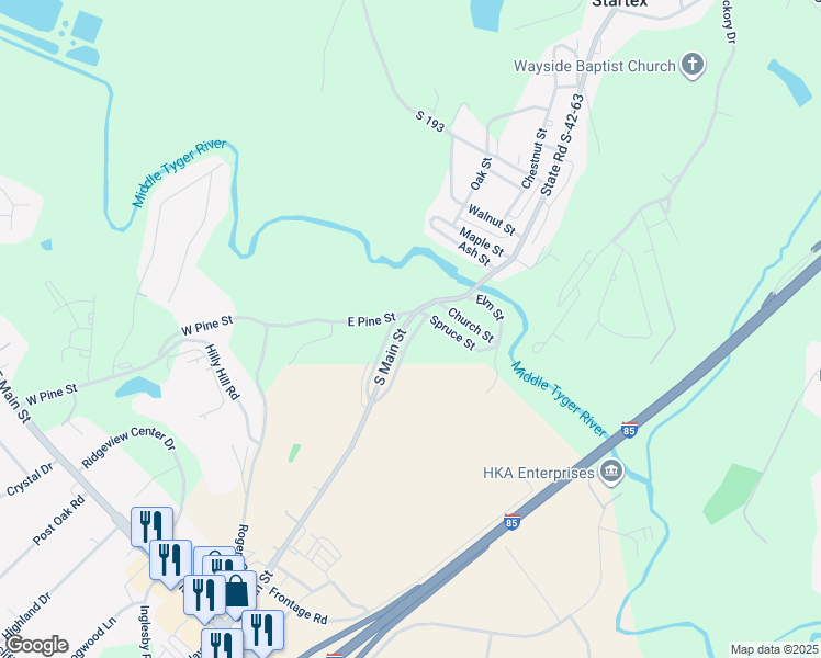 map of restaurants, bars, coffee shops, grocery stores, and more near 14 North Main Street in Inman