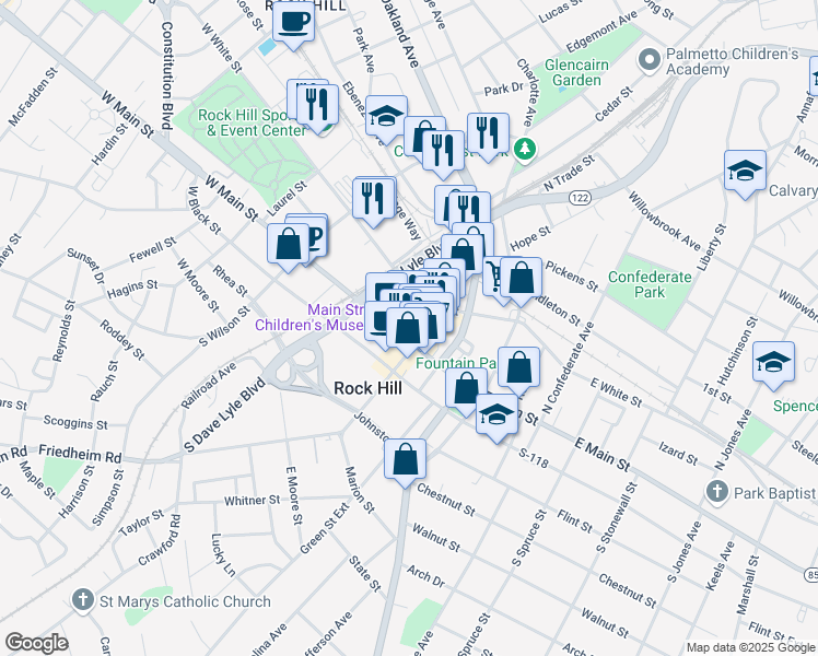 map of restaurants, bars, coffee shops, grocery stores, and more near 121 East Main Street in Rock Hill