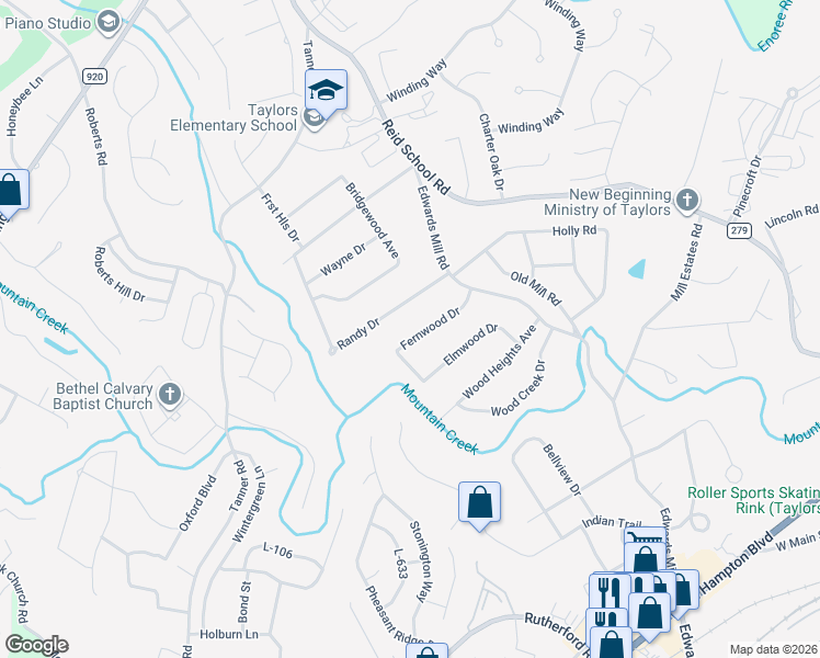 map of restaurants, bars, coffee shops, grocery stores, and more near 16 Fernwood Drive in Taylors