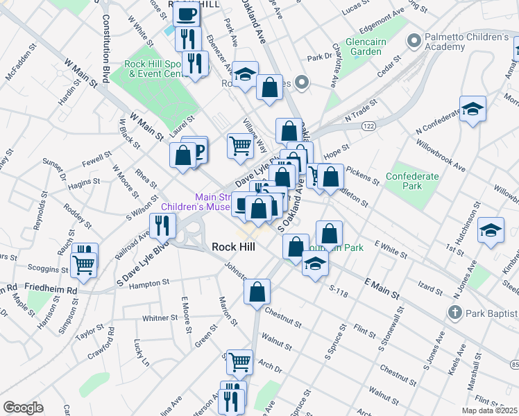 map of restaurants, bars, coffee shops, grocery stores, and more near 135 East Main Street in Rock Hill