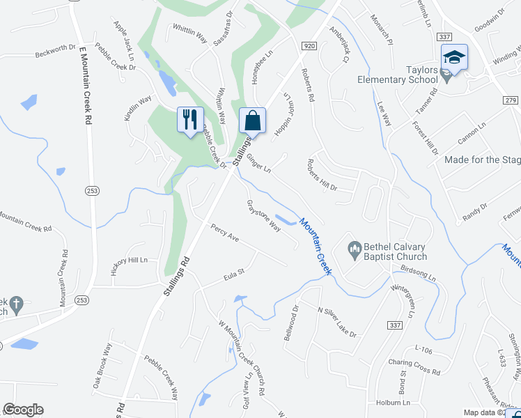 map of restaurants, bars, coffee shops, grocery stores, and more near 14 Graystone Way in Taylors