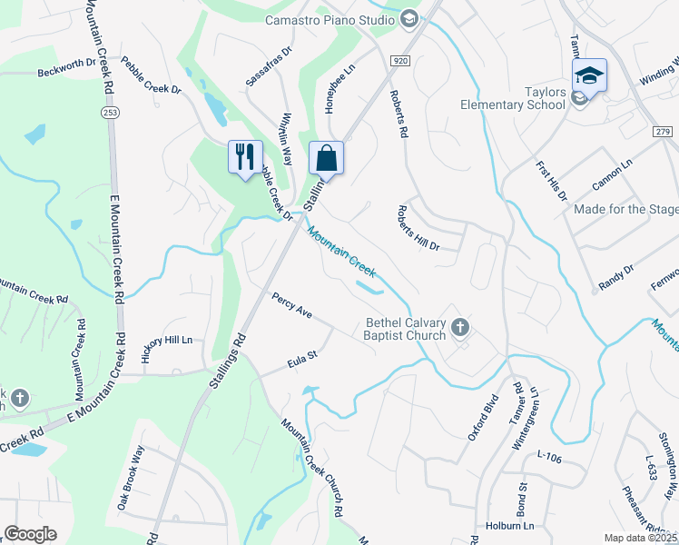 map of restaurants, bars, coffee shops, grocery stores, and more near 17 Graystone Way in Taylors