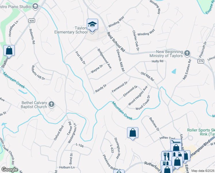 map of restaurants, bars, coffee shops, grocery stores, and more near 14 Randy Drive in Taylors