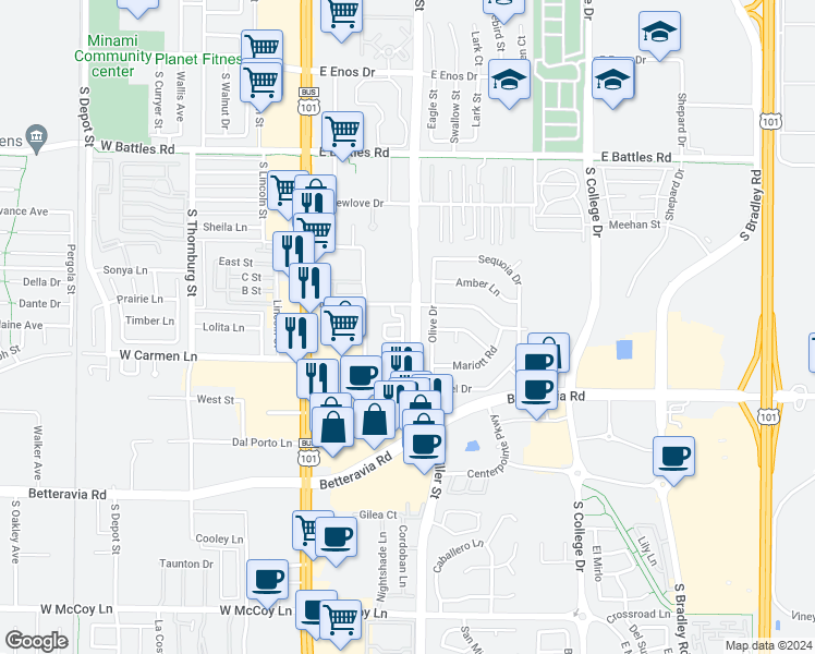 map of restaurants, bars, coffee shops, grocery stores, and more near 1931 Miller Street in Santa Maria