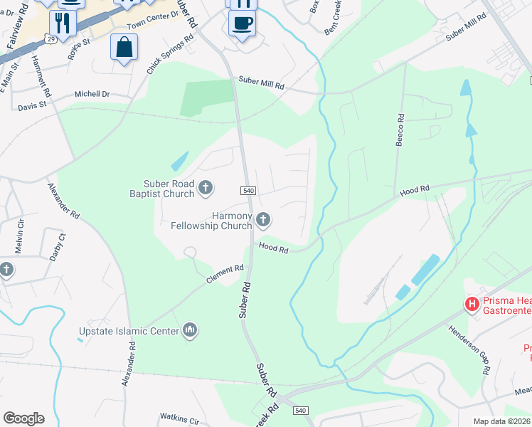 map of restaurants, bars, coffee shops, grocery stores, and more near 5 Peach Packers Court in Greer