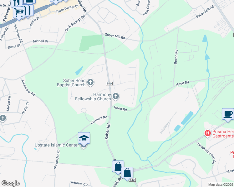 map of restaurants, bars, coffee shops, grocery stores, and more near 5 Peach Packers Court in Greer