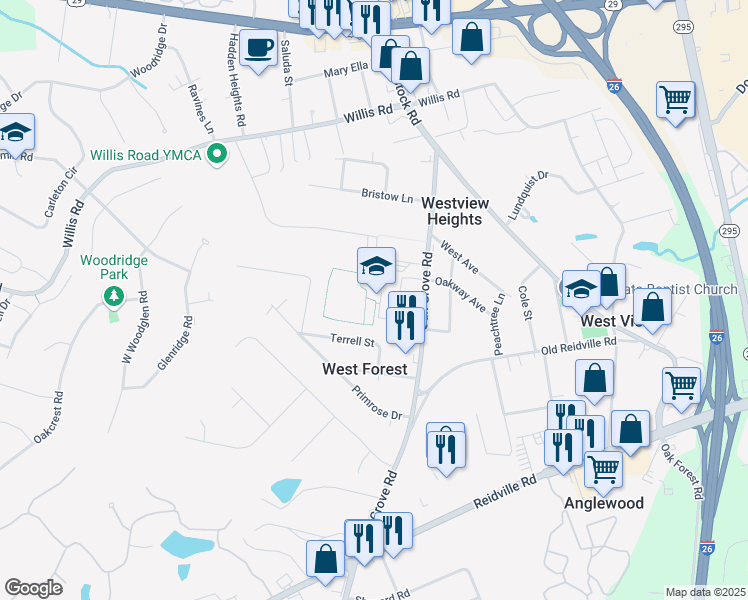 map of restaurants, bars, coffee shops, grocery stores, and more near 400 Oak Grove Road in Spartanburg