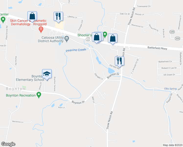 map of restaurants, bars, coffee shops, grocery stores, and more near 256 Old Mill Lane in Ringgold