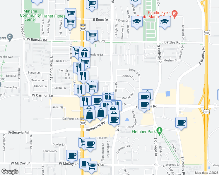 map of restaurants, bars, coffee shops, grocery stores, and more near 1925 South Miller Street in Santa Maria