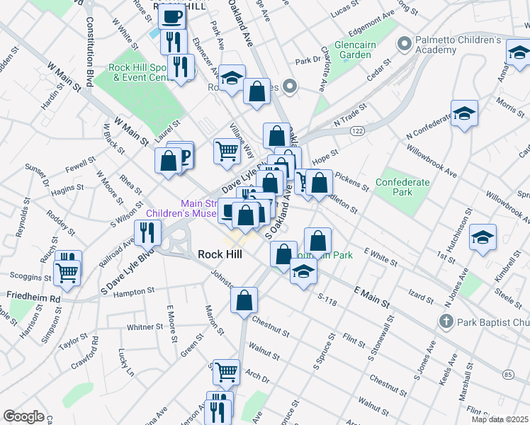 map of restaurants, bars, coffee shops, grocery stores, and more near 129 Caldwell Street in Rock Hill