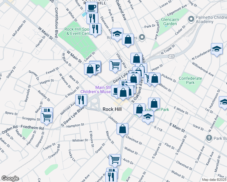 map of restaurants, bars, coffee shops, grocery stores, and more near 121 East Black Street in Rock Hill