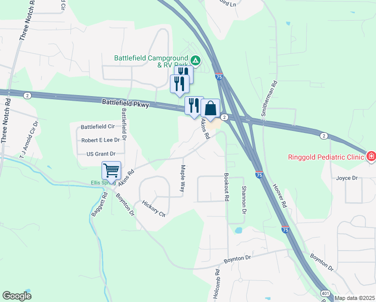 map of restaurants, bars, coffee shops, grocery stores, and more near 440 Akins Road in Ringgold