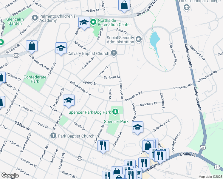 map of restaurants, bars, coffee shops, grocery stores, and more near 542 Pearl Street in Rock Hill