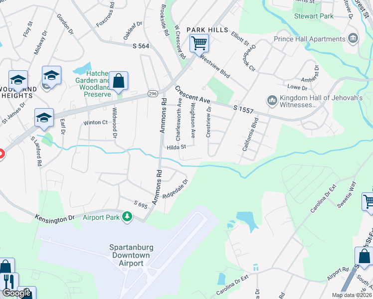 map of restaurants, bars, coffee shops, grocery stores, and more near 528 Hilda Street in Spartanburg