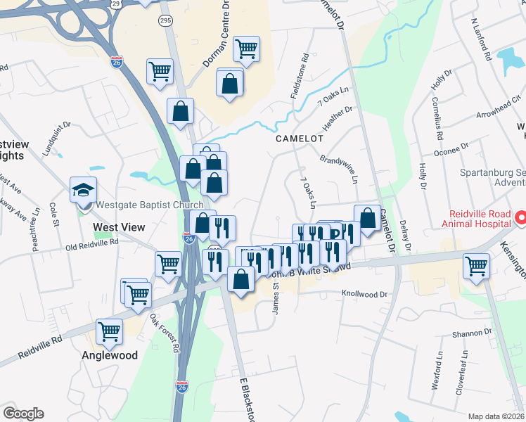map of restaurants, bars, coffee shops, grocery stores, and more near 128 Heather Drive in Spartanburg