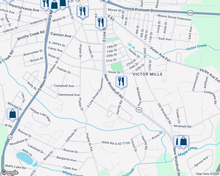 map of restaurants, bars, coffee shops, grocery stores, and more near 121 New Woodruff Road in Greer