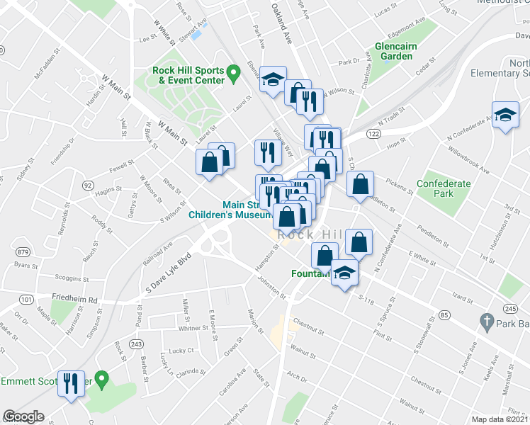 map of restaurants, bars, coffee shops, grocery stores, and more near 108 East Main Street in Rock Hill