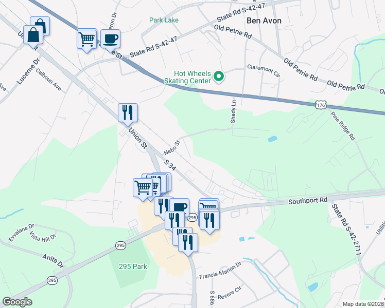 map of restaurants, bars, coffee shops, grocery stores, and more near 111 Ebel Court in Spartanburg