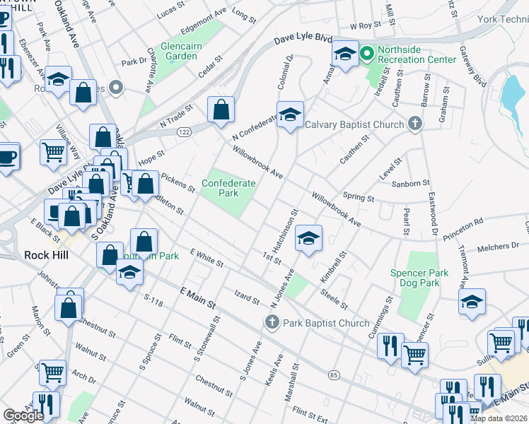 map of restaurants, bars, coffee shops, grocery stores, and more near 413 Annafrel Street in Rock Hill