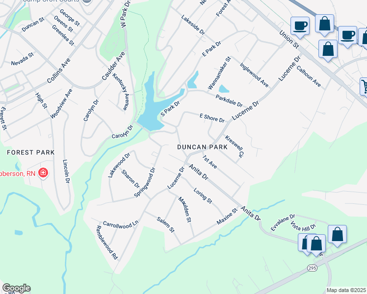 map of restaurants, bars, coffee shops, grocery stores, and more near 108 Maxwell Road in Spartanburg