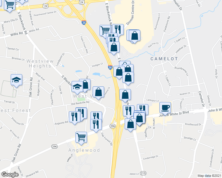 map of restaurants, bars, coffee shops, grocery stores, and more near 425 Leona Court in Spartanburg