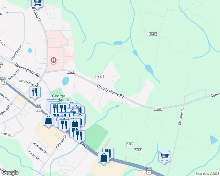 map of restaurants, bars, coffee shops, grocery stores, and more near 221 County Home Road in Rockingham