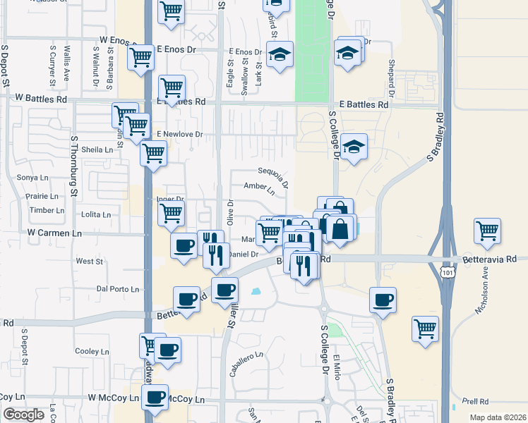 map of restaurants, bars, coffee shops, grocery stores, and more near 552 Inger Drive in Santa Maria