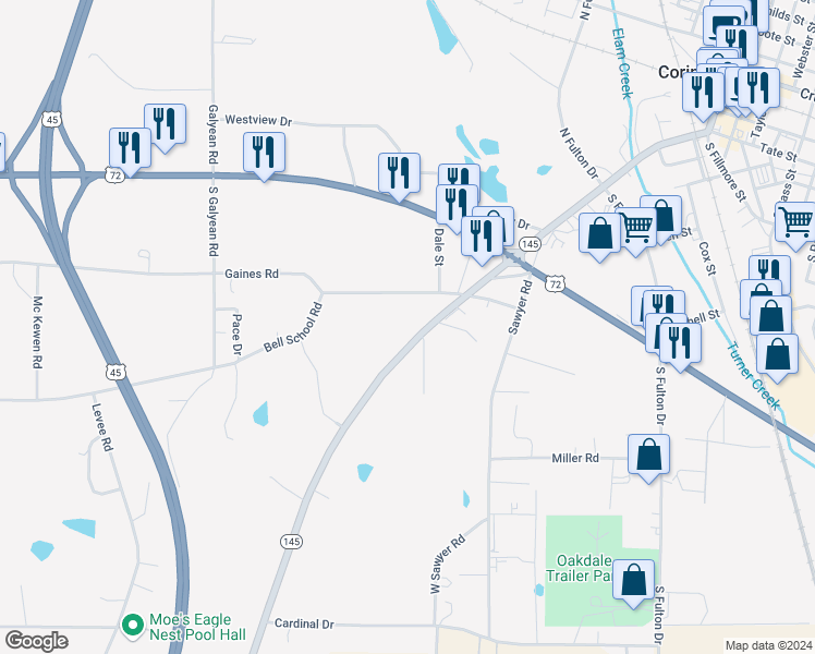 map of restaurants, bars, coffee shops, grocery stores, and more near in Corinth
