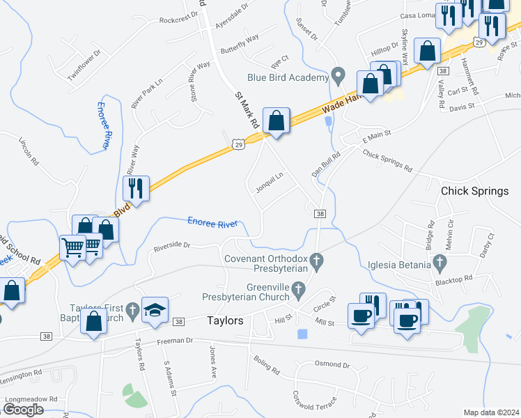 map of restaurants, bars, coffee shops, grocery stores, and more near 527 Aiken Chapel Road in Taylors