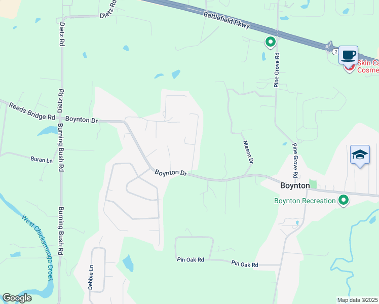 map of restaurants, bars, coffee shops, grocery stores, and more near 115 Joe-Tike Drive in Ringgold