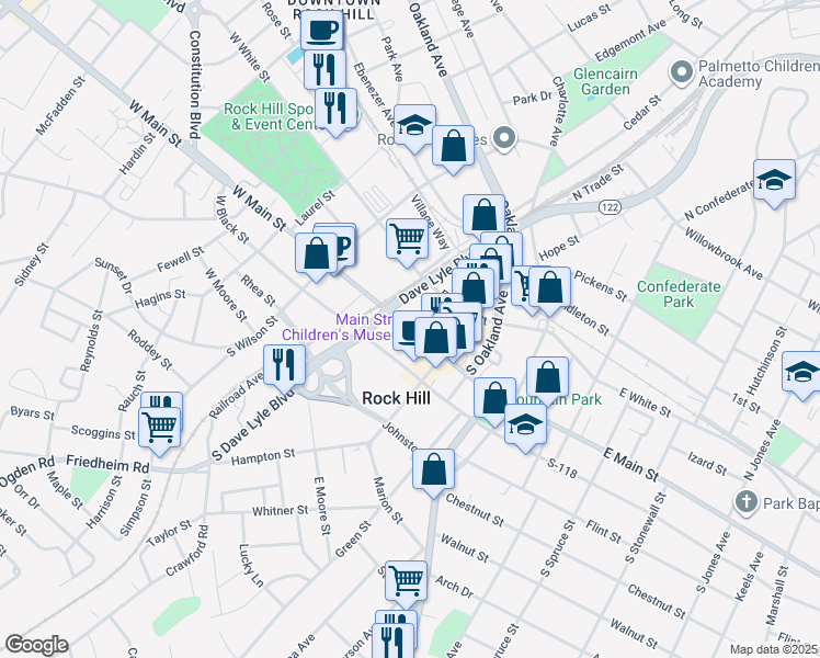 map of restaurants, bars, coffee shops, grocery stores, and more near 108 East Main Street in Rock Hill