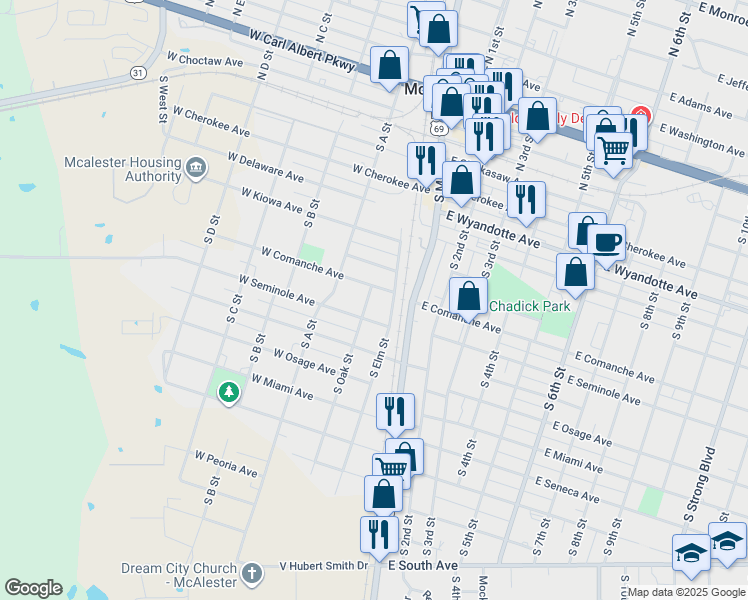 map of restaurants, bars, coffee shops, grocery stores, and more near 604 South Oak Street in McAlester