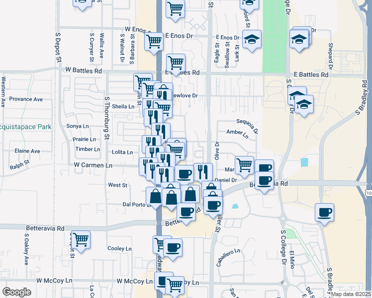 map of restaurants, bars, coffee shops, grocery stores, and more near 1920 South McClelland Street in Santa Maria