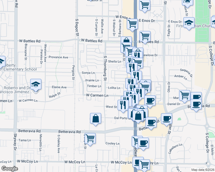 map of restaurants, bars, coffee shops, grocery stores, and more near 323 Lolita Lane in Santa Maria