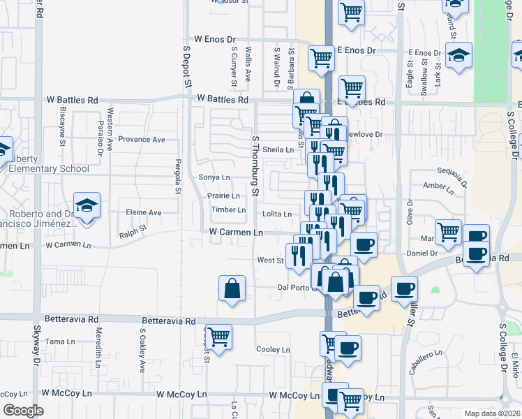 map of restaurants, bars, coffee shops, grocery stores, and more near 323 Lolita Lane in Santa Maria