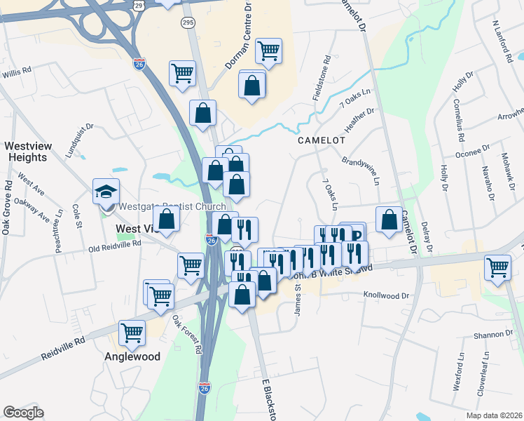 map of restaurants, bars, coffee shops, grocery stores, and more near 109 Driftway Place in Spartanburg