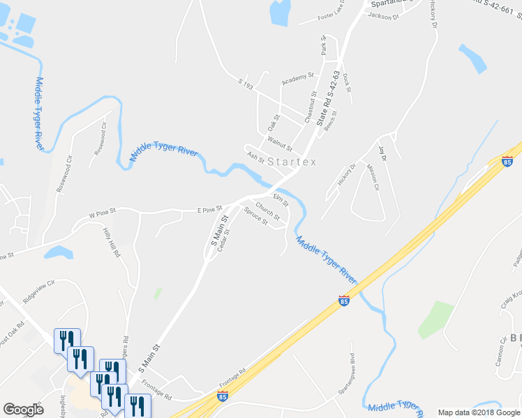 map of restaurants, bars, coffee shops, grocery stores, and more near 7 Church Street in Startex