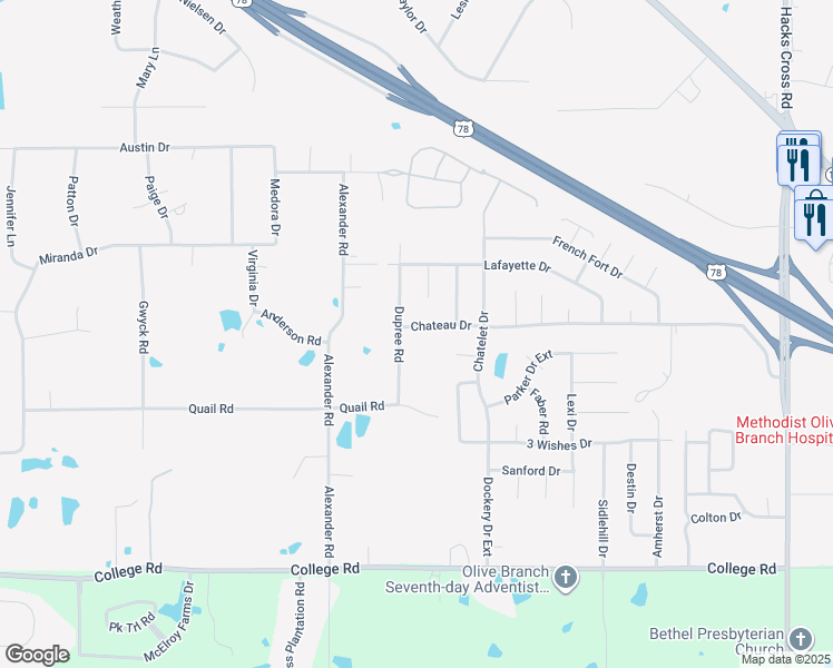 map of restaurants, bars, coffee shops, grocery stores, and more near 10191 Chateau Drive in Olive Branch