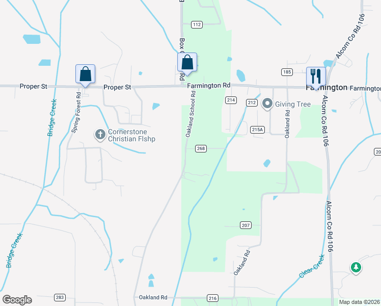 map of restaurants, bars, coffee shops, grocery stores, and more near 203-213 County Road 213 in Corinth