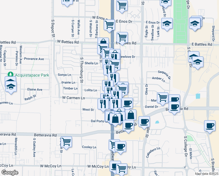 map of restaurants, bars, coffee shops, grocery stores, and more near 1919 South Broadway in Santa Maria