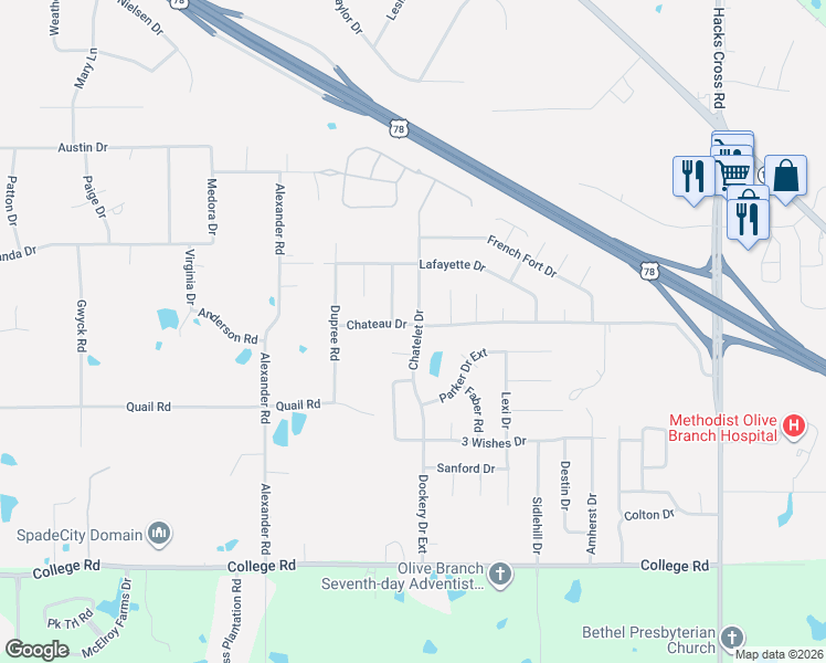 map of restaurants, bars, coffee shops, grocery stores, and more near 10371 Chateau Drive in Olive Branch