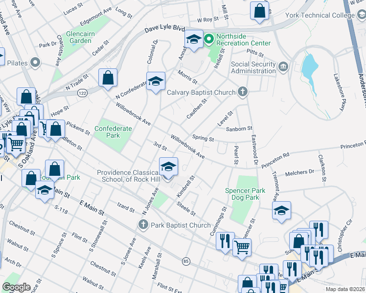 map of restaurants, bars, coffee shops, grocery stores, and more near 825 Brown Street in Rock Hill