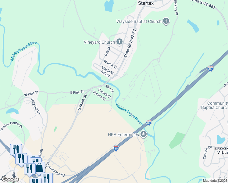 map of restaurants, bars, coffee shops, grocery stores, and more near 2 Elm Street in Spartanburg