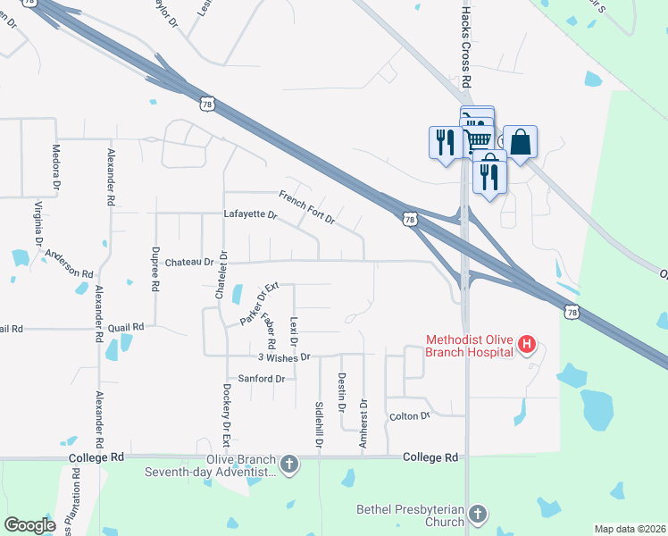 map of restaurants, bars, coffee shops, grocery stores, and more near 10691 Chateau Drive in Olive Branch