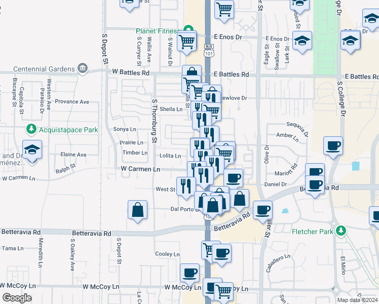 map of restaurants, bars, coffee shops, grocery stores, and more near 211 Lolita Lane in Santa Maria