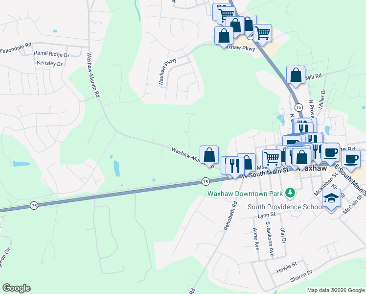 map of restaurants, bars, coffee shops, grocery stores, and more near 5329 Waxhaw-Marvin Road in Waxhaw