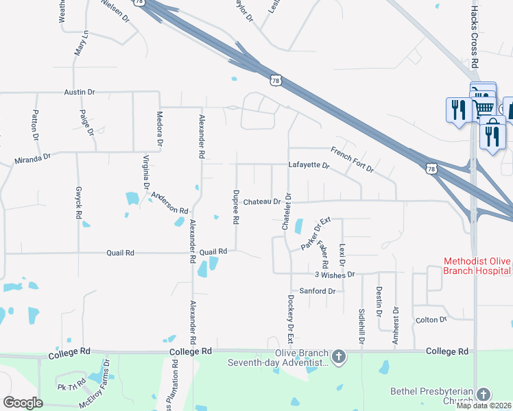 map of restaurants, bars, coffee shops, grocery stores, and more near 10231 Chateau Drive in Olive Branch